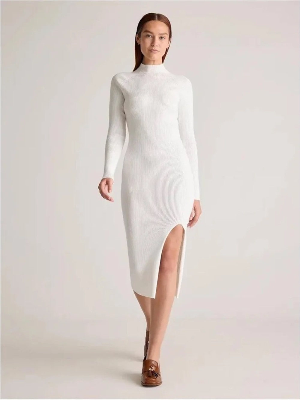 Quince Eco Knit Ribbed Mock Neck Sweater Dress in Ivory Size XS
